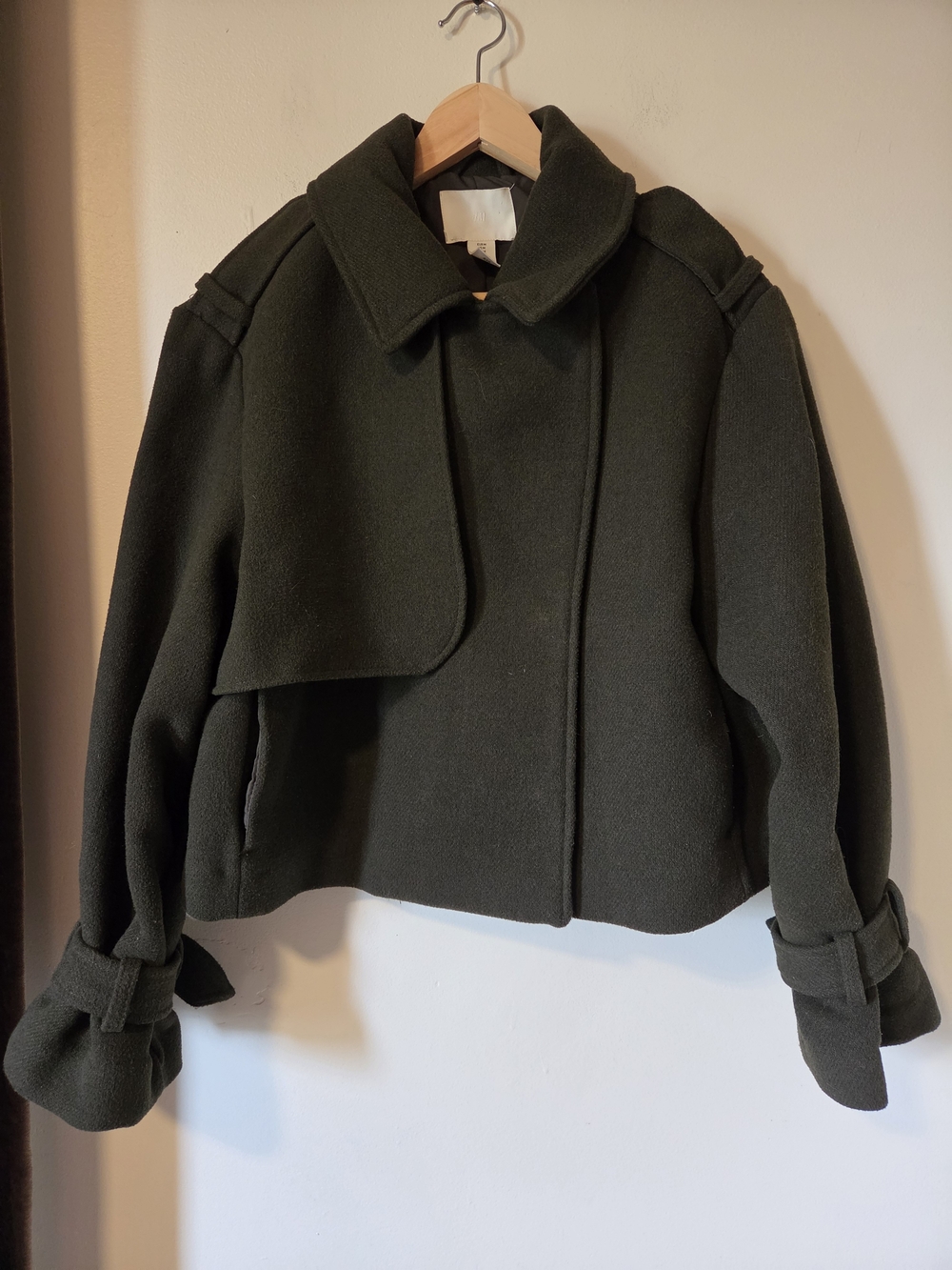 H&M Wool Blend Cropped Military Jacket in Dark Olive
